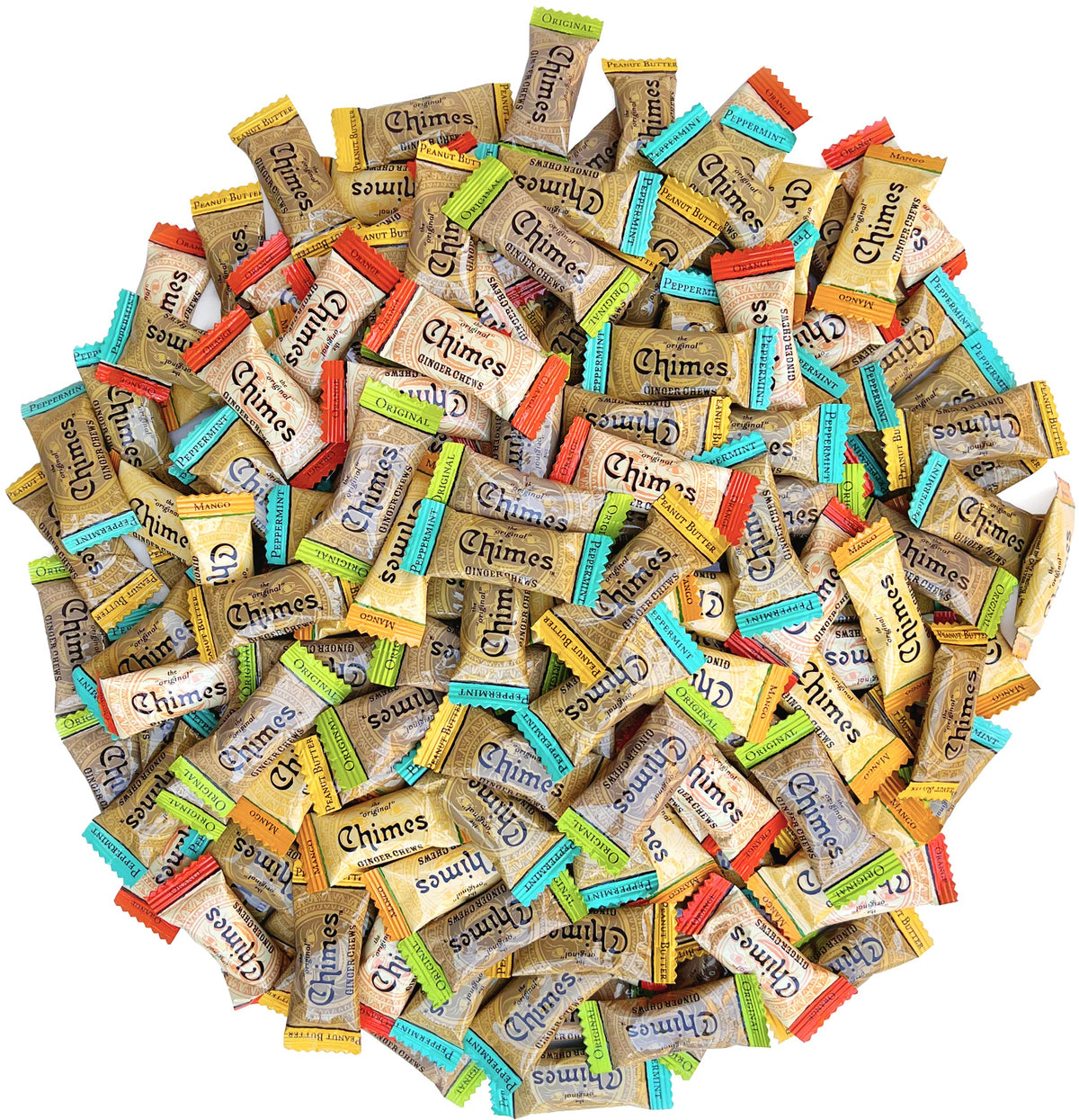 Chimes Ginger Chews 2lb variety pack packaging for on-the-go relief