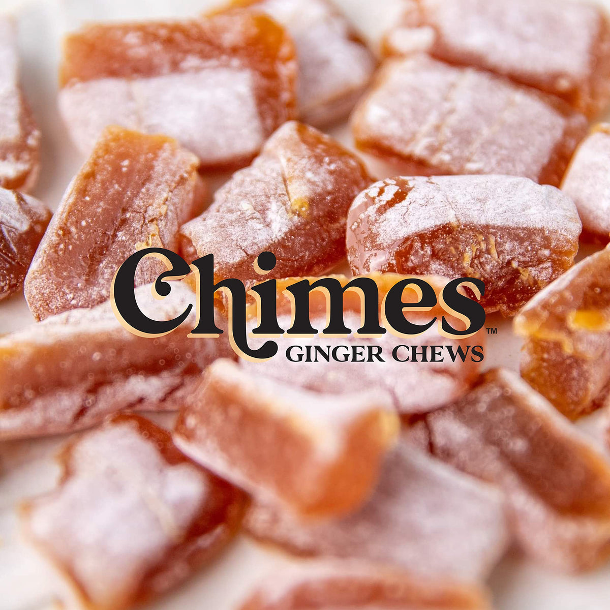 Chimes Ginger Chews Orange flavor close-up, bright citrus note.