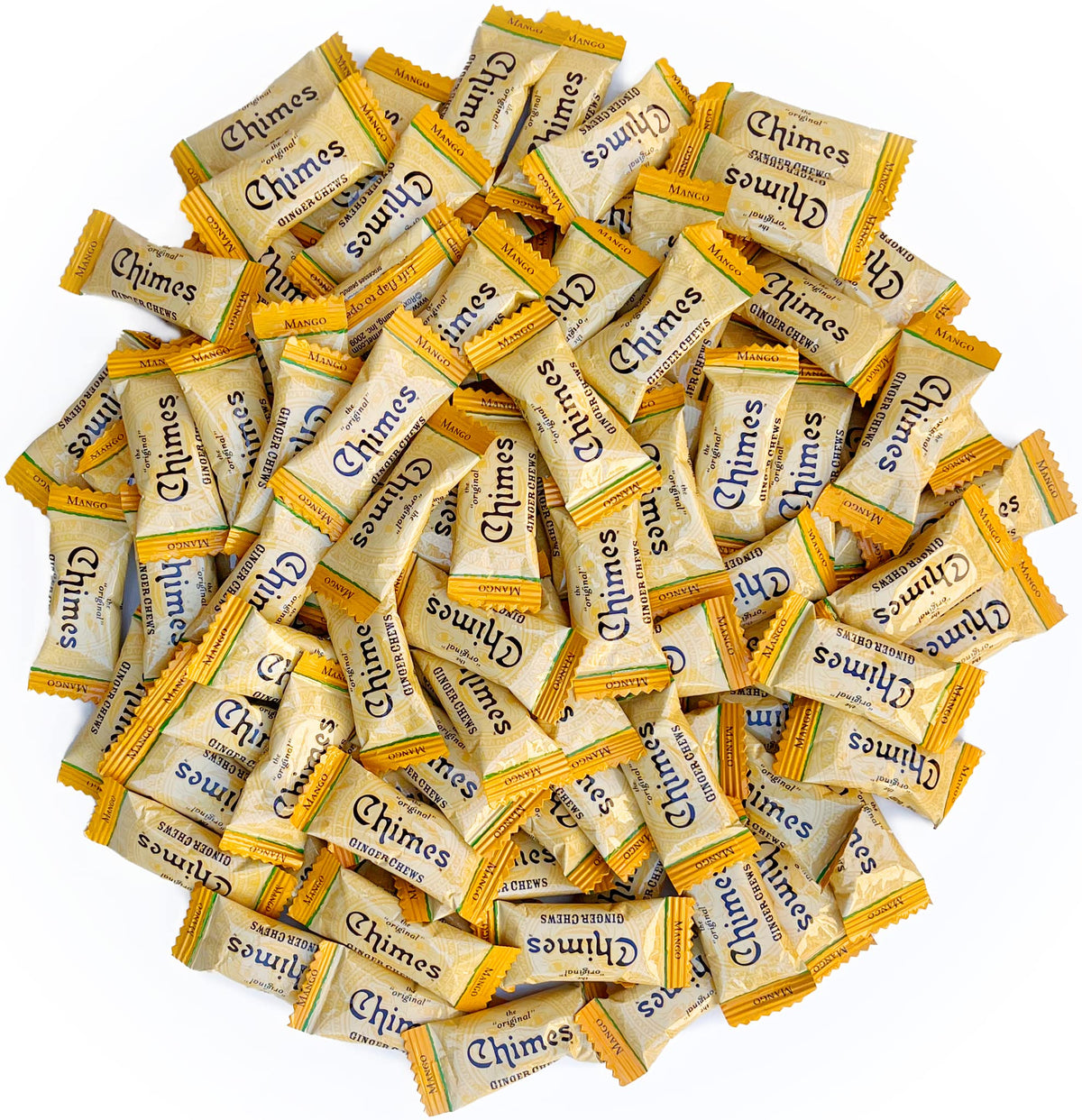 Chimes Mango Ginger Chews 1lb bag on countertop, flavorful snack with fresh ginger notes