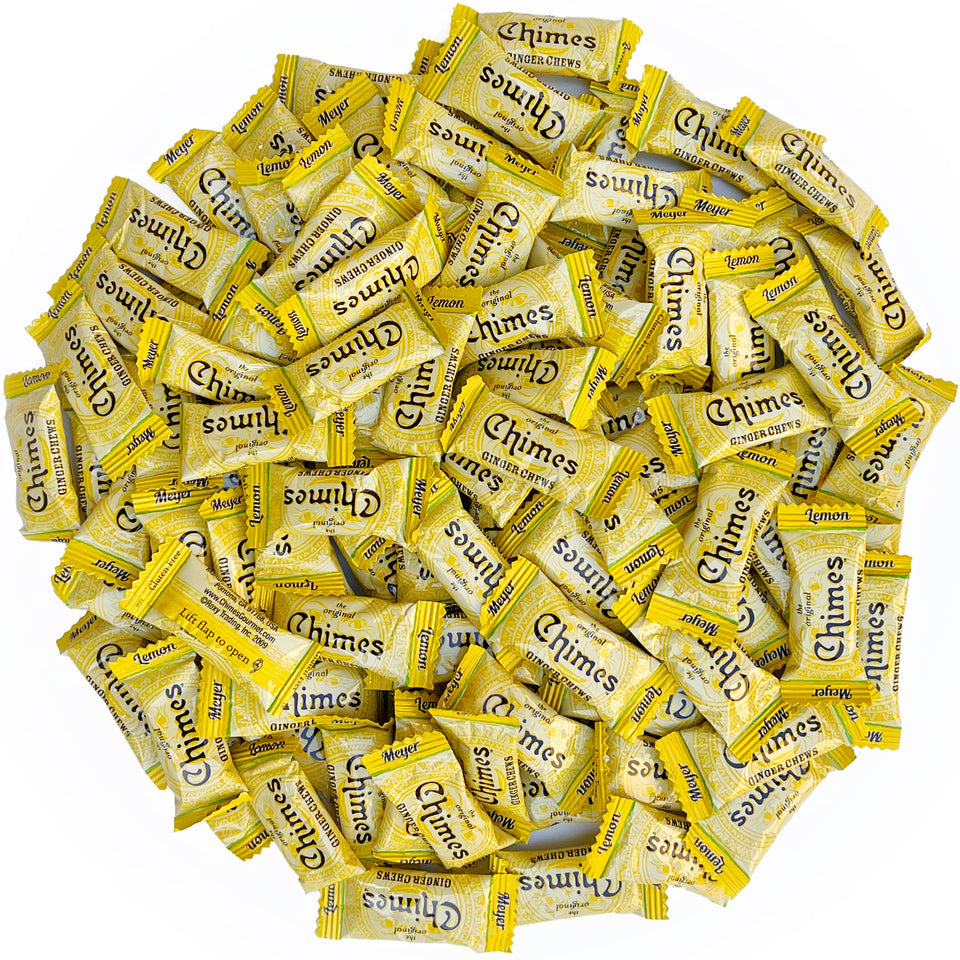 Chimes Meyer Lemon Ginger Chews bag front highlighting bold vegan flavor.