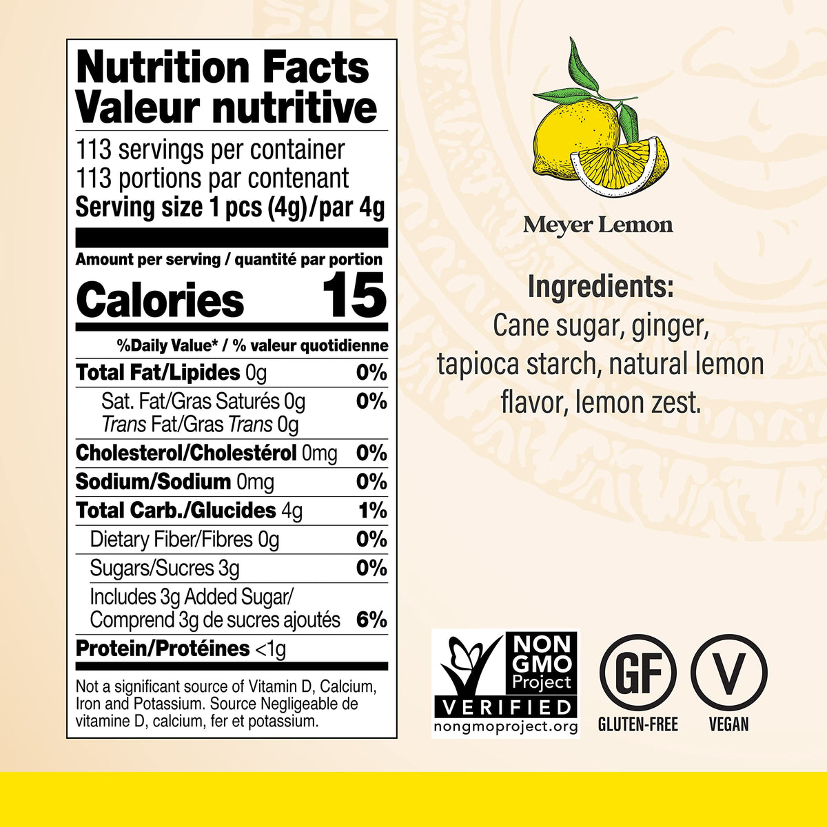 Chimes Meyer Lemon Ginger Chews bulk 1 lb bag on shelf for easy stocking.