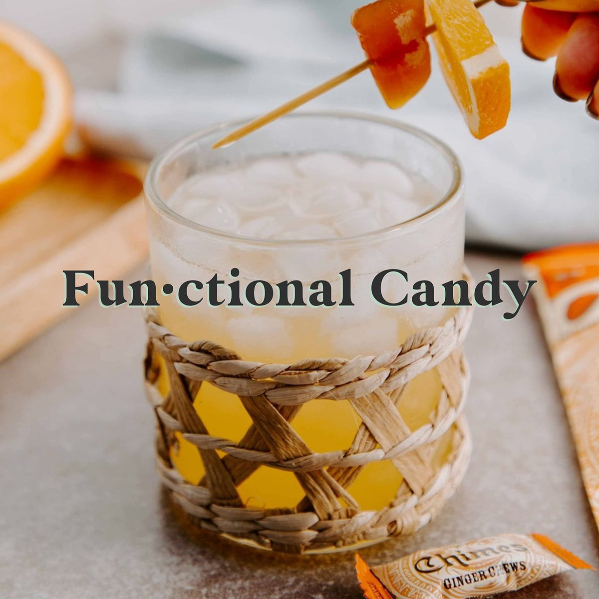 Chimes Meyer Lemon Ginger Chews weight label on packaging with gluten-free badge.