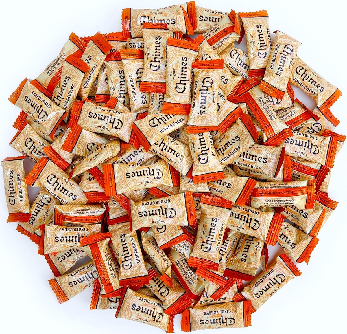 Chimes Orange Ginger Chews bag front with inviting ginger flavor and convenient snacking.
