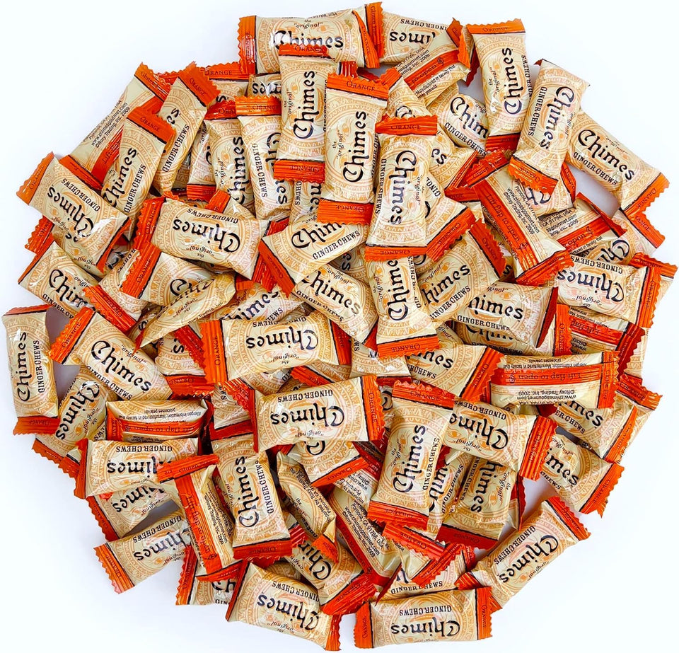 Chimes Orange Ginger Chews bag front with inviting ginger flavor and convenient snacking.