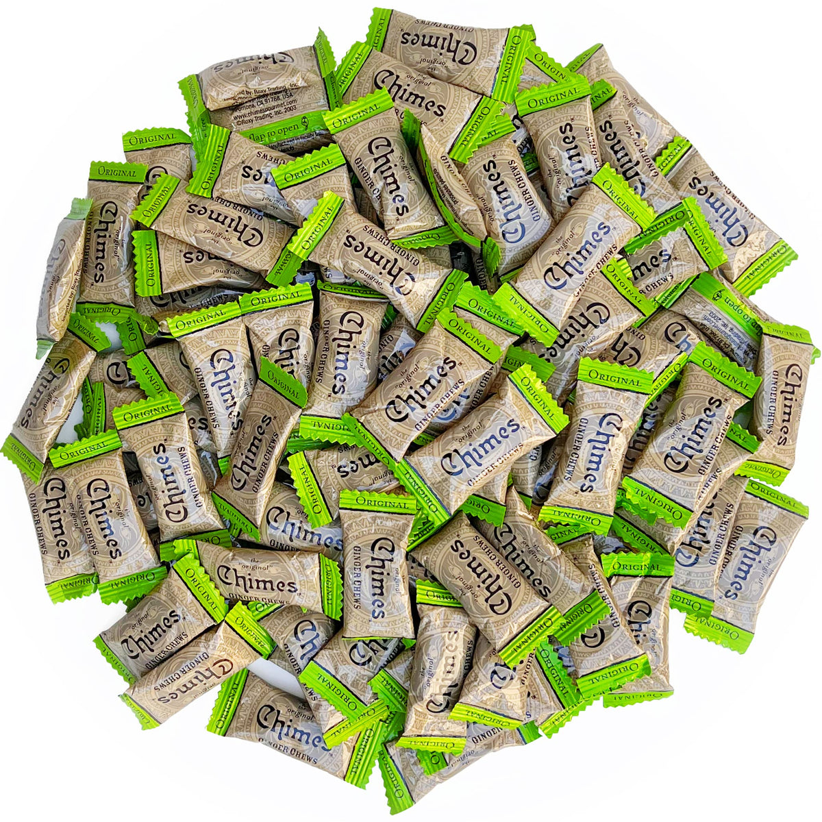 Chimes Original Ginger Chews bag displayed for convenient snacking.