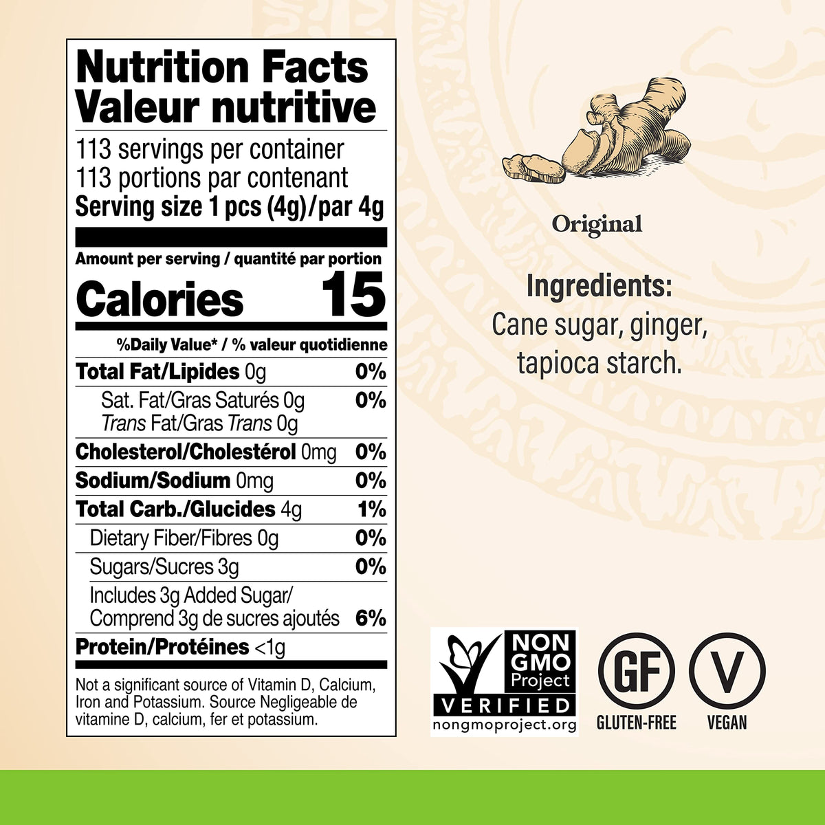 Chimes Original Ginger Chews ingredient list highlights natural, vegan ingredients.