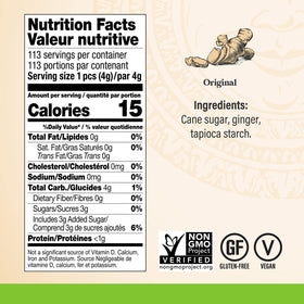 Chimes Original Ginger Chews ingredient list highlights natural, vegan ingredients.