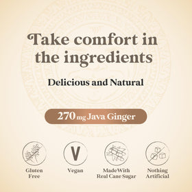 Chimes Peppermint Ginger Chews bag back showing ingredients and vegan notes for dietary flexibility.