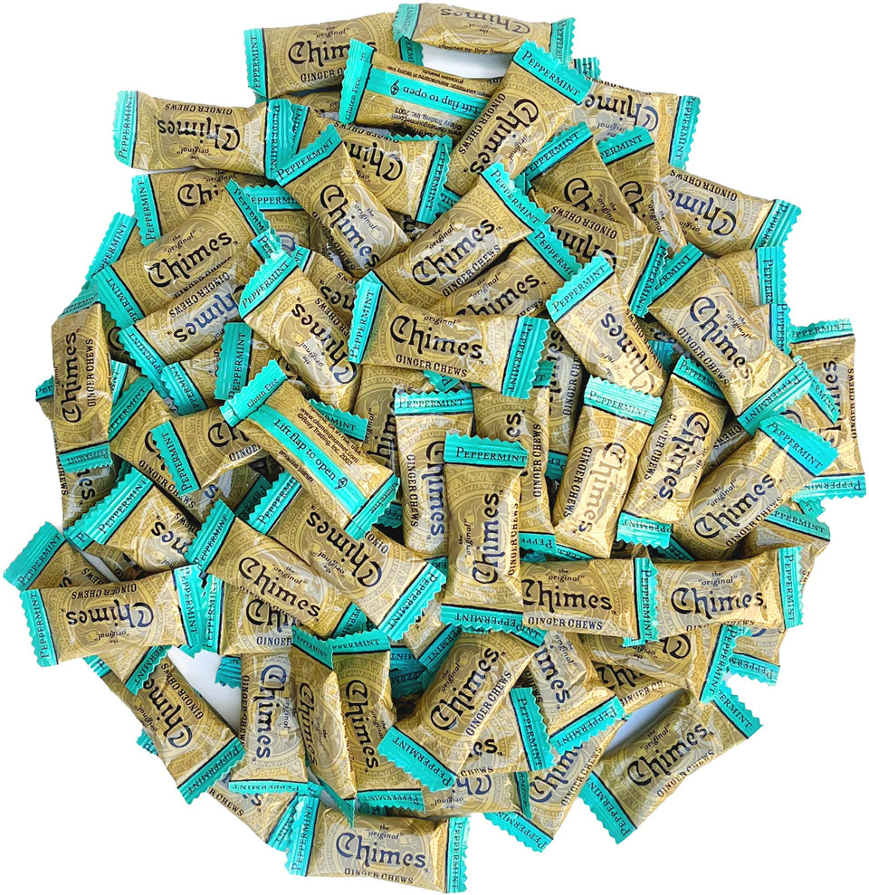 Chimes Peppermint Ginger Chews bag front for travel-ready snacking.
