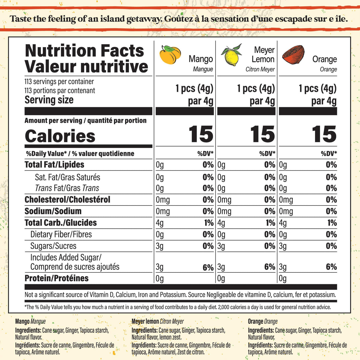 Chimes Tropical Mix bag back label showing ingredients and heritage.