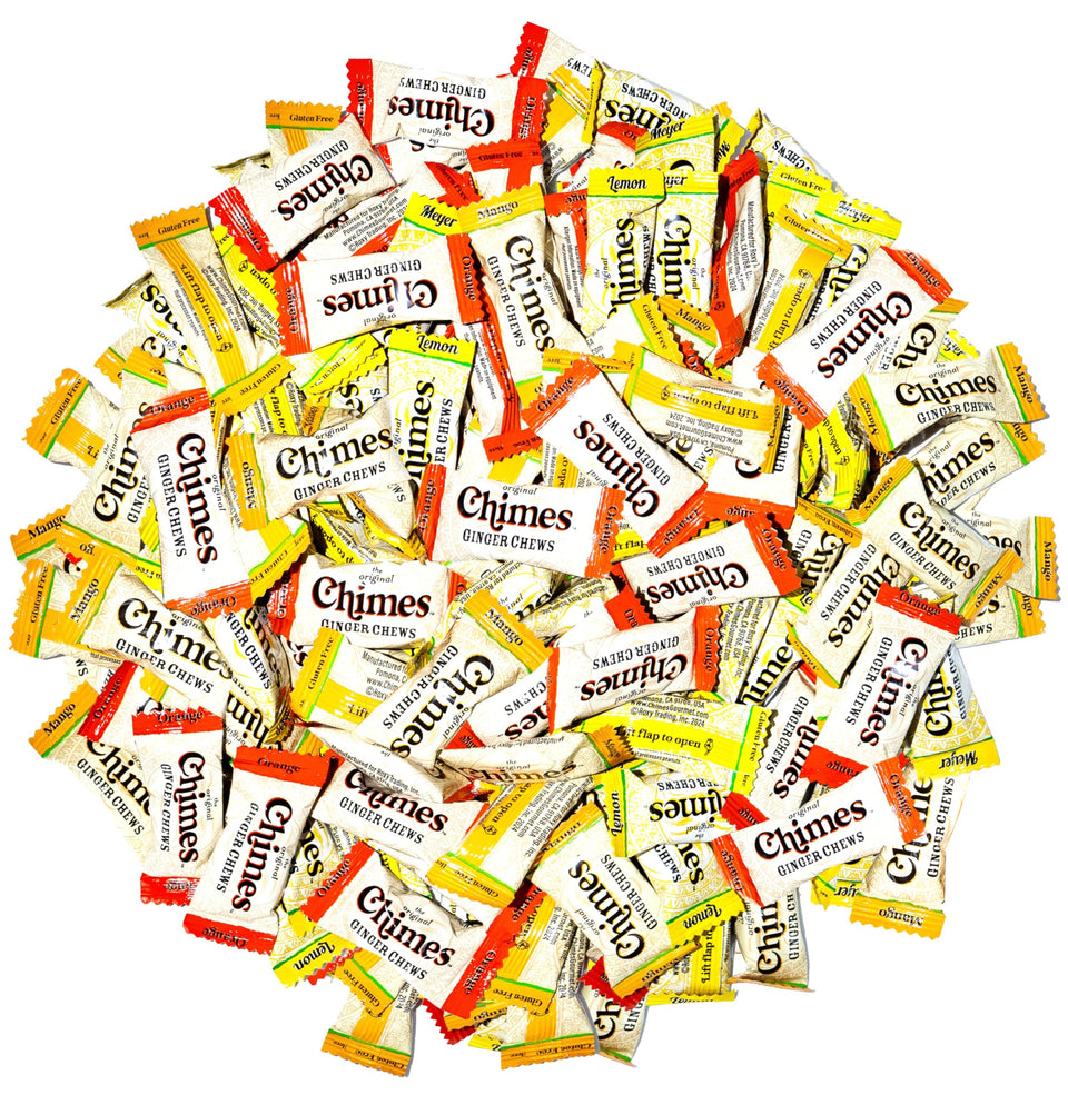 Chimes Tropical Mix ginger chews bag front, travel-ready soothing treat.