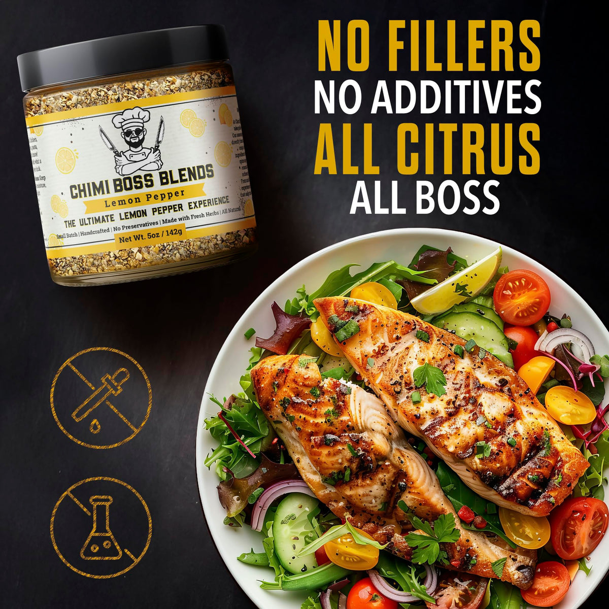 Chimi Boss Lemon Pepper label closeup showing fresh zest texture