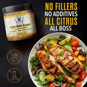 Chimi Boss Lemon Pepper label closeup showing fresh zest texture