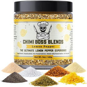 Chimi Boss Lemon Pepper seasoning jar highlights citrusy aroma for versatile meals