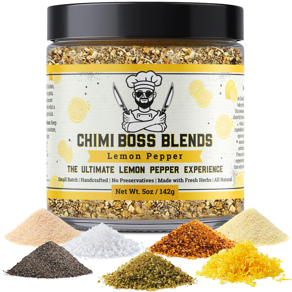 Chimi Boss Lemon Pepper seasoning jar highlights citrusy aroma for versatile meals