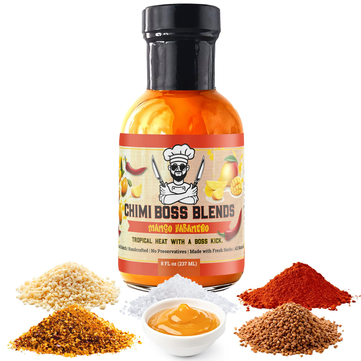 Chimi Boss Mango Habanero sauce bottle front view for bold tropical flavor at the table.