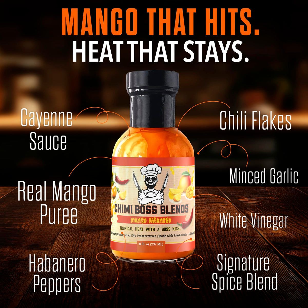 Chimi Boss Mango Habanero label close-up highlighting real mango and habanero peppers.