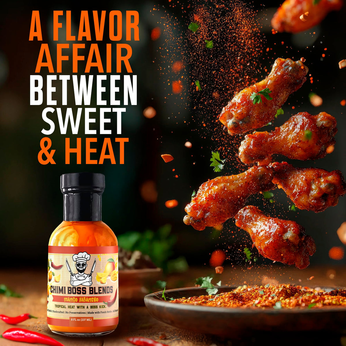 Chimi Boss Mango Habanero on taco with vibrant color and shine.