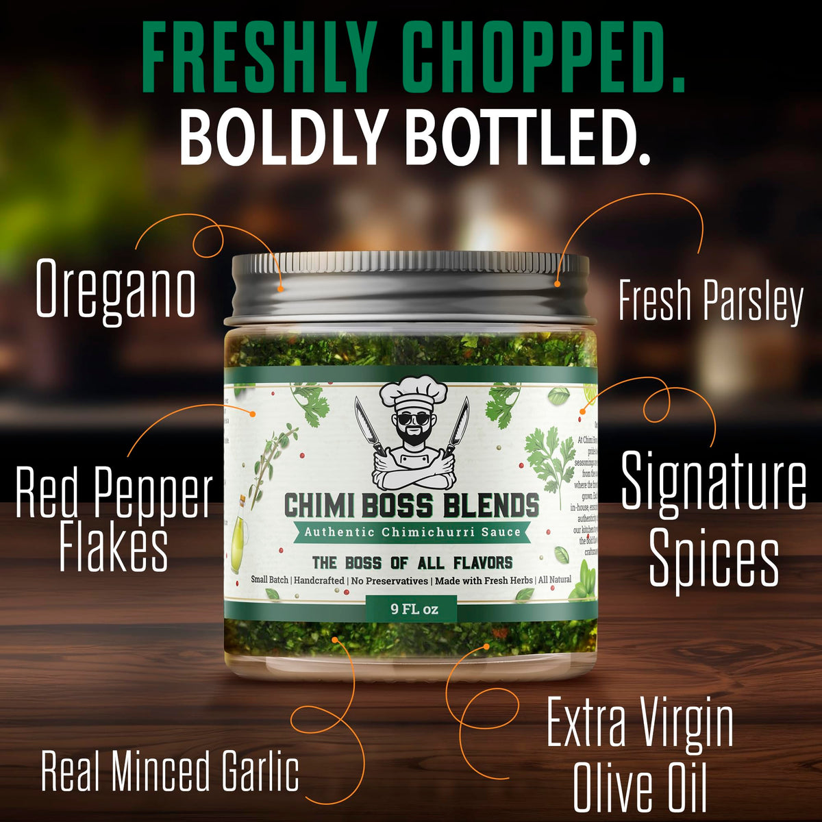 Chimi Boss Original ingredients closeup with parsley and garlic highlight