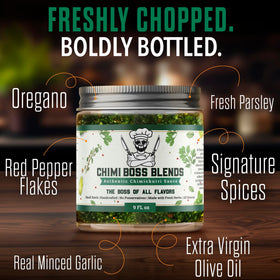 Chimi Boss Original ingredients closeup with parsley and garlic highlight