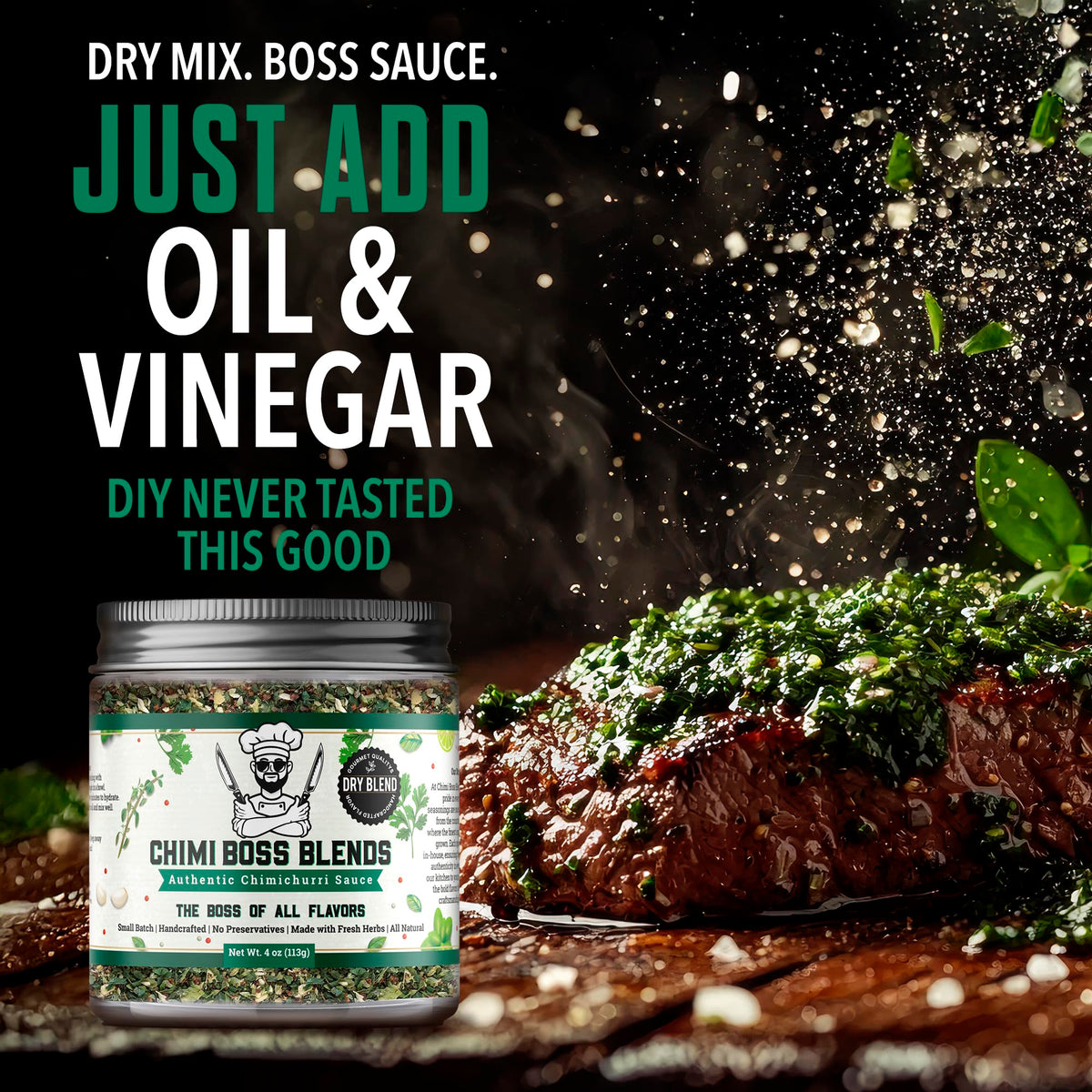 Chimi Boss Blends dry seasoning bowl in use to mix chimichurri sauce