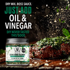Chimi Boss Blends dry seasoning bowl in use to mix chimichurri sauce