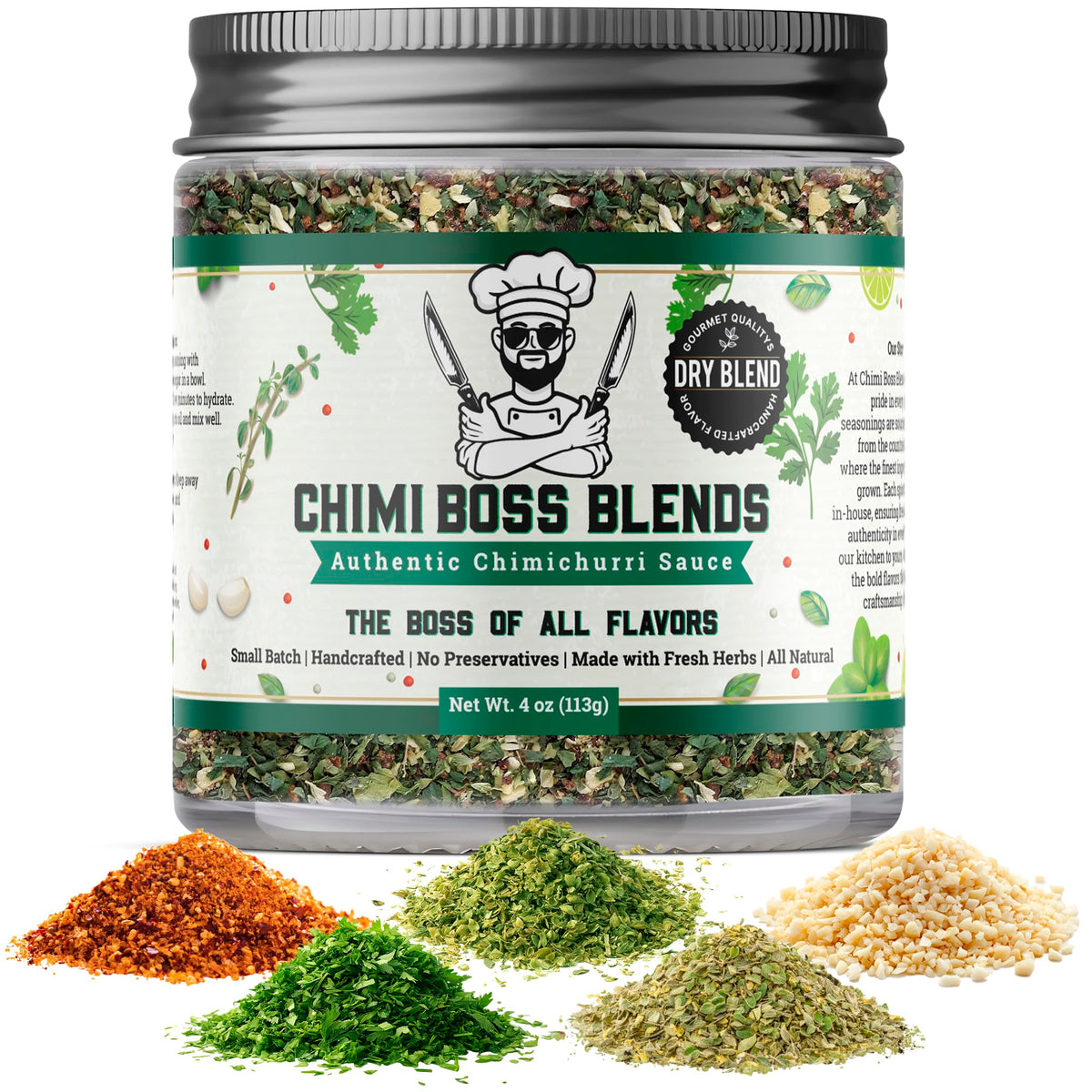 Chimi Boss Blends chimichurri original dry seasoning jar ready for grilling