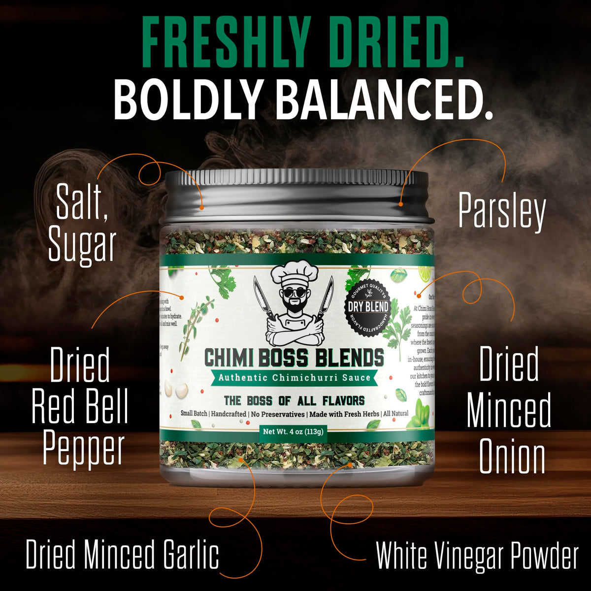 Chimi Boss Blends close-up of dried parsley and garlic for fresh flavor