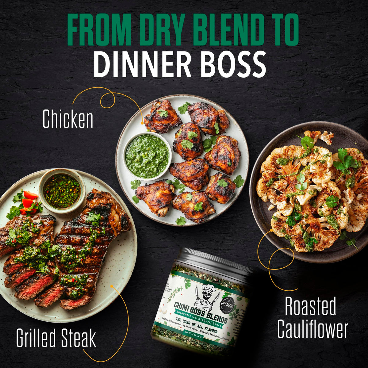 Chimi Boss Blends dry seasoning sprinkled on steak for bold flavor