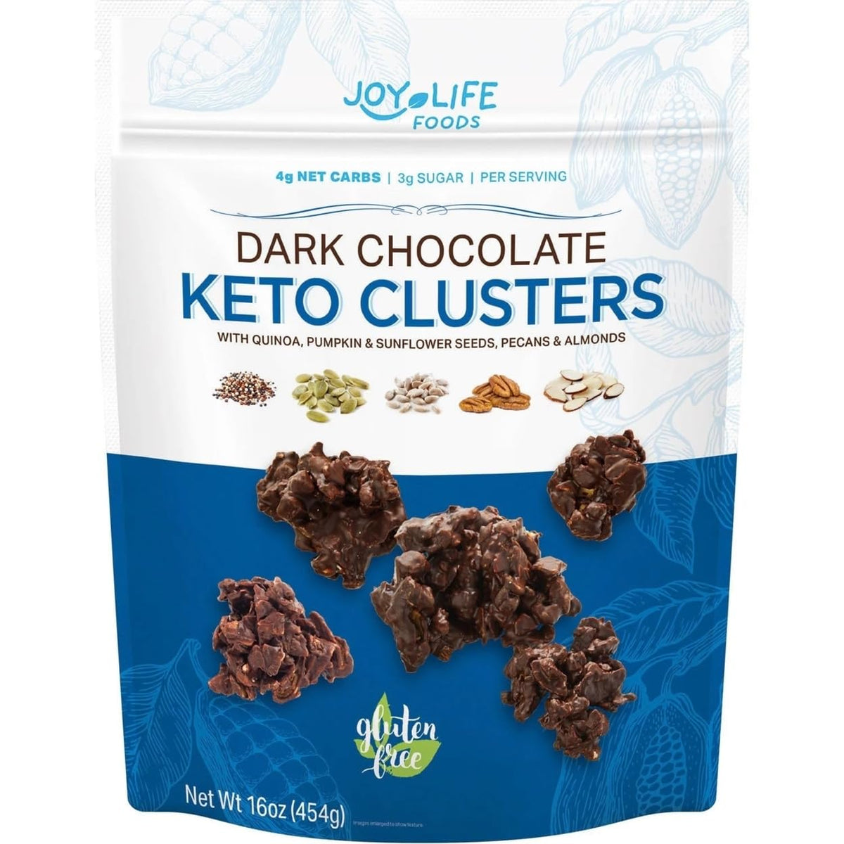 Chimoo Dark Chocolate Keto Clusters closeup with nuts and seeds for on-the-go snacking.