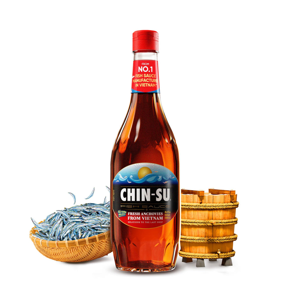 Chin-Su fish sauce bottle in amber glass enhances savory meals with rich umami.