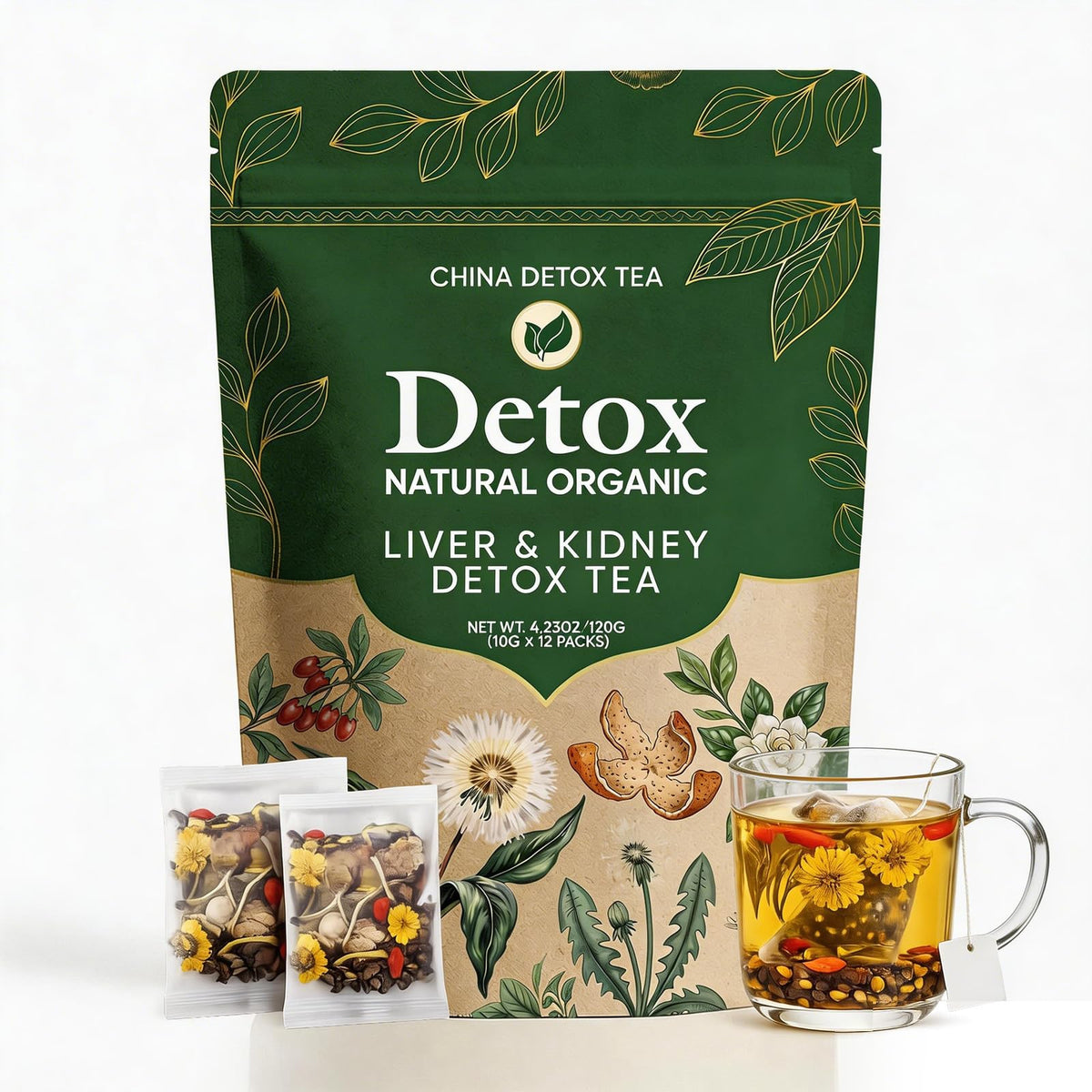 China Detox Tea packaging with 12 portable bags for on-the-go use.