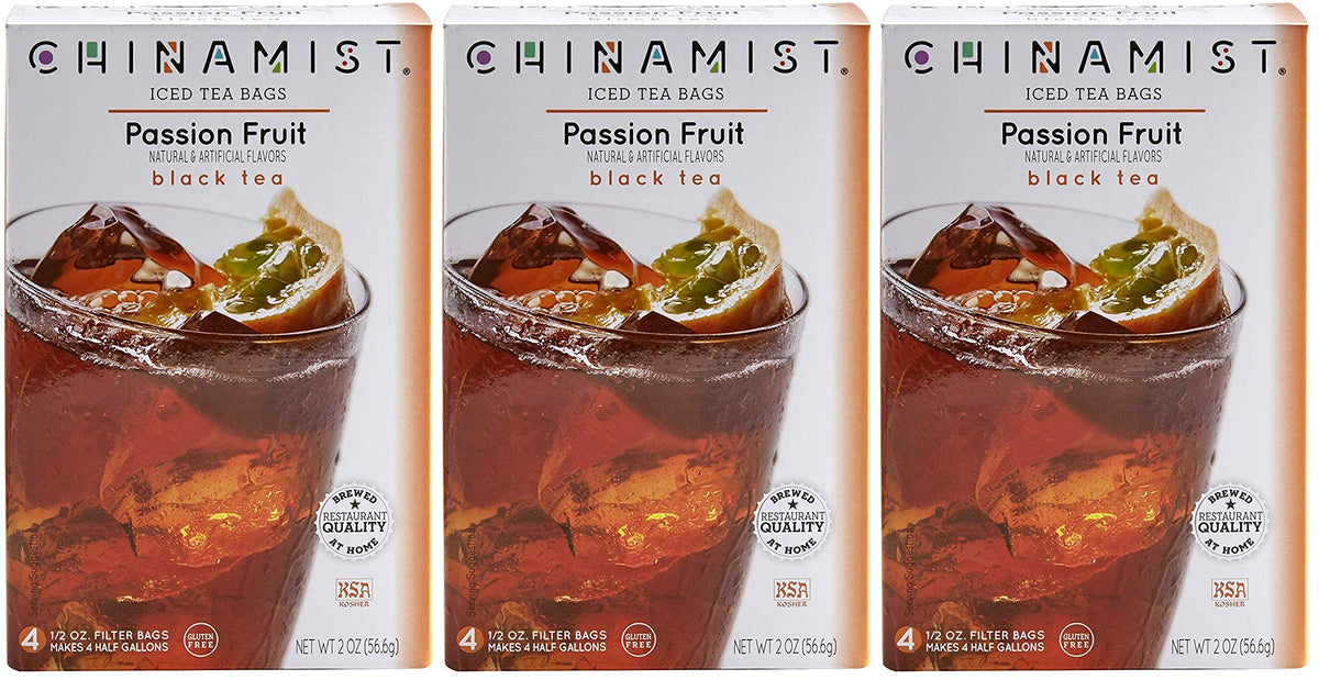 China Mist Passion Fruit Black Tea bags steeped for refreshing iced tea.