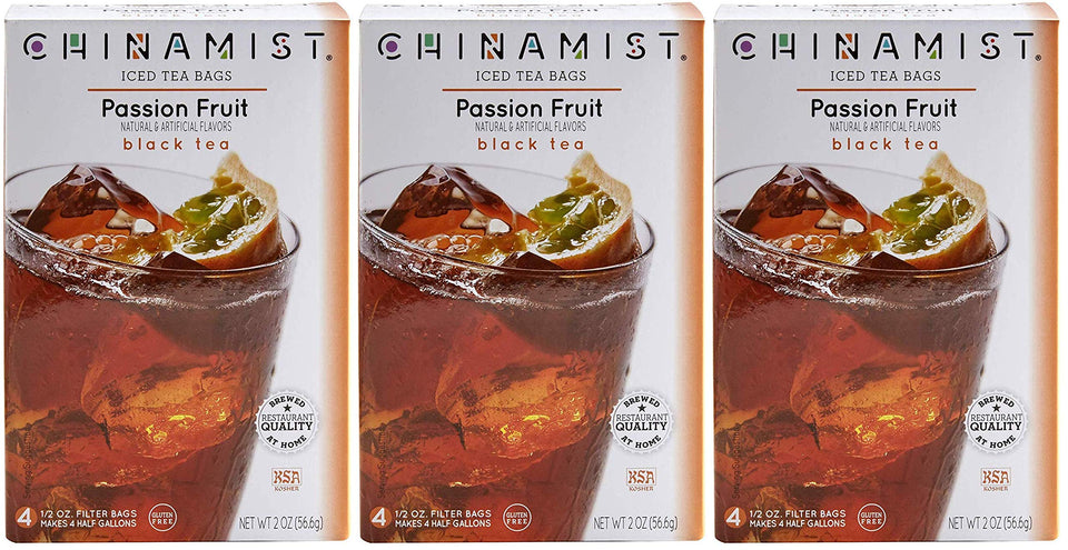 China Mist Passion Fruit Black Tea bags steeped for refreshing iced tea.