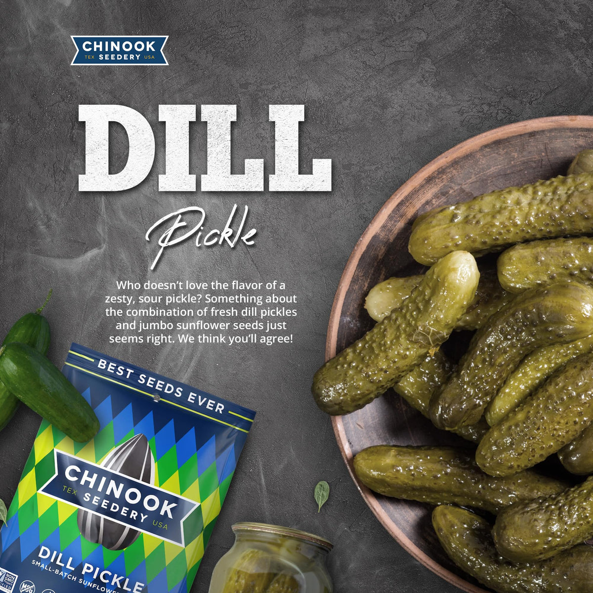 Chinook Seedery flavor assortment with dill pickle, shareable party snack.