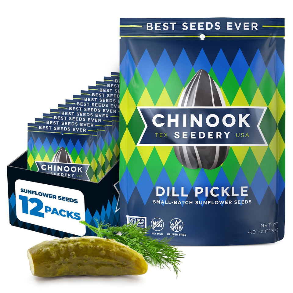 Chinook Seedery dill pickle seeds bag closeup for savory crunch.
