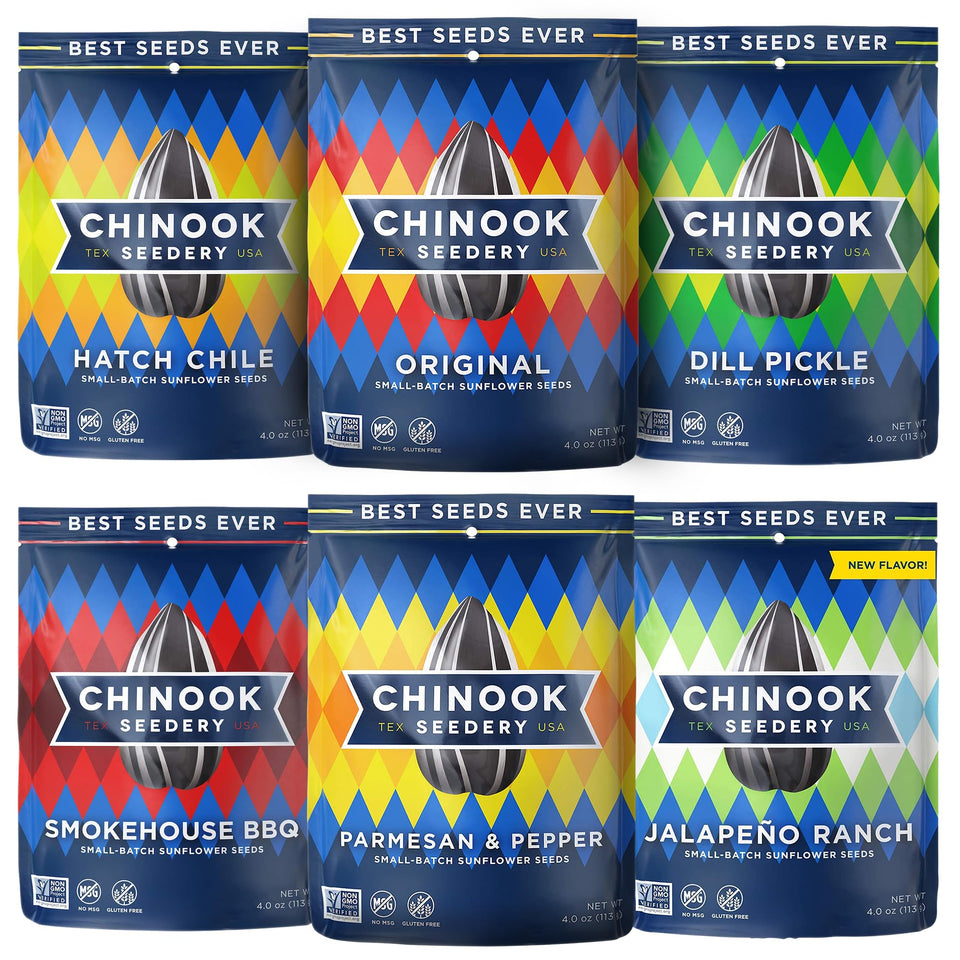 Chinook Seedery flavored sunflower seeds variety pack front view for sharing