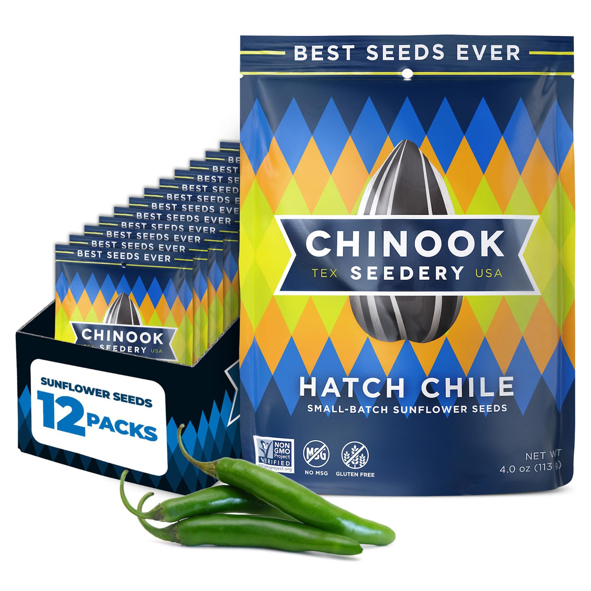 Chinook Seedery hatch green chile pack front - bold, low-sodium spicy snack