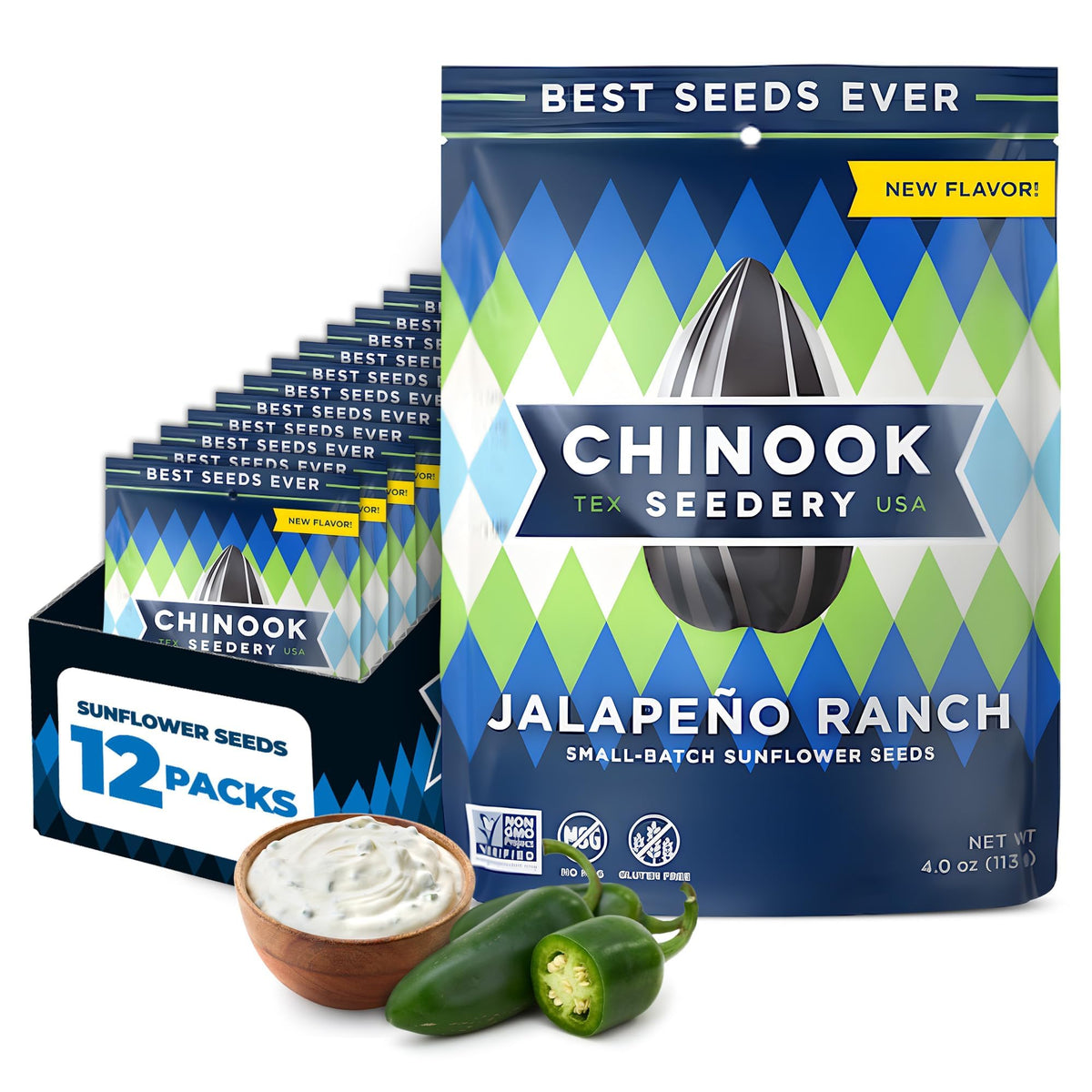 Chinook Seedery Jalapeno Ranch flavor pack, bold taste and convenient on-the-go snacking.