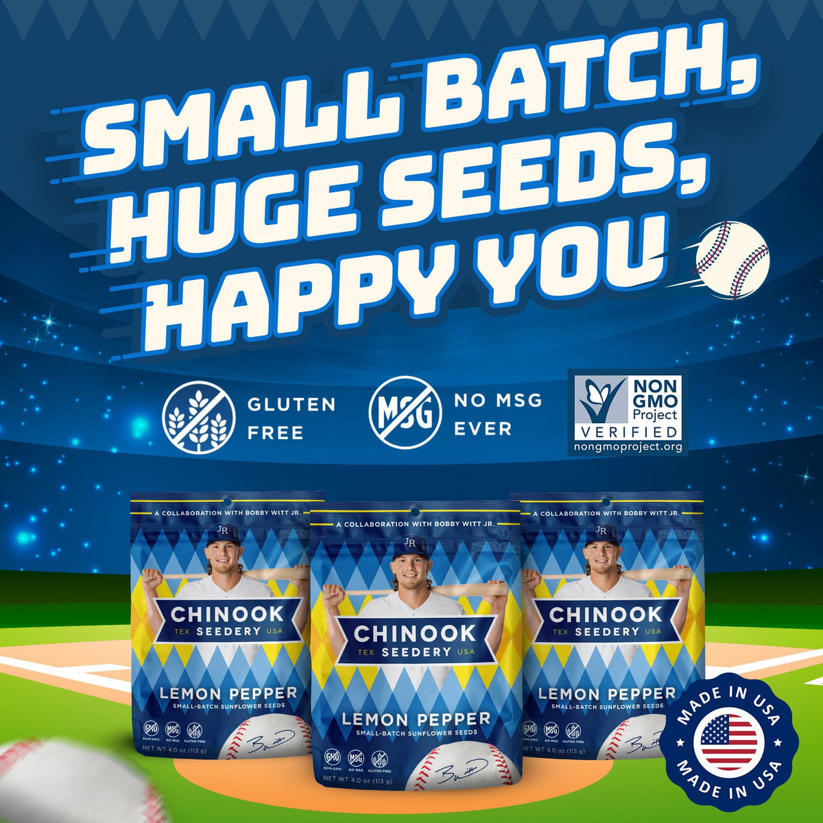 Chinook Seedery lemon pepper packaging label highlights gluten-free and non-GMO.