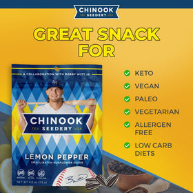 Chinook Seedery Lemon Pepper seeds bag open showing seasoned jumbo seeds