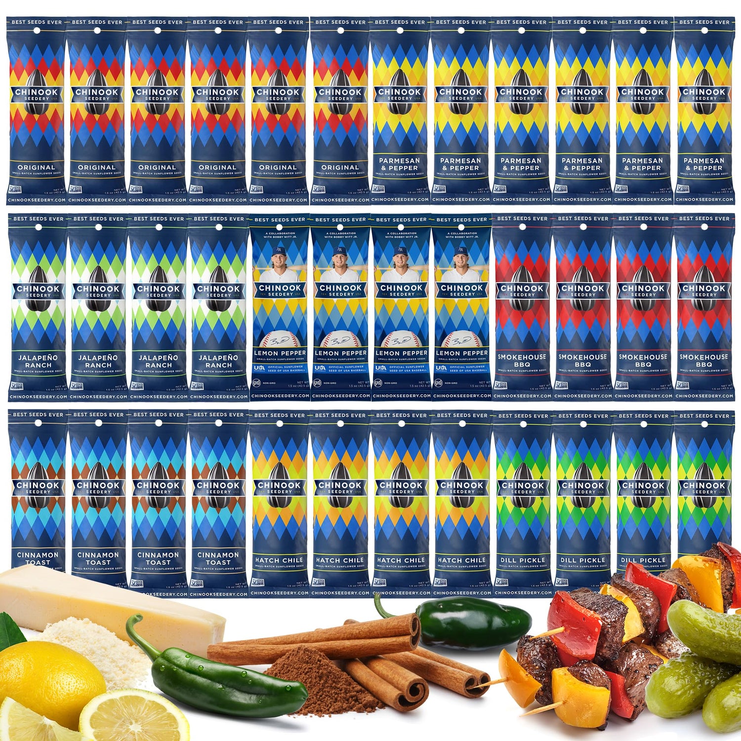 Chinook Seedery low-sodium sunflower seeds variety pack 36-count, ideal for on-the-go snacking.