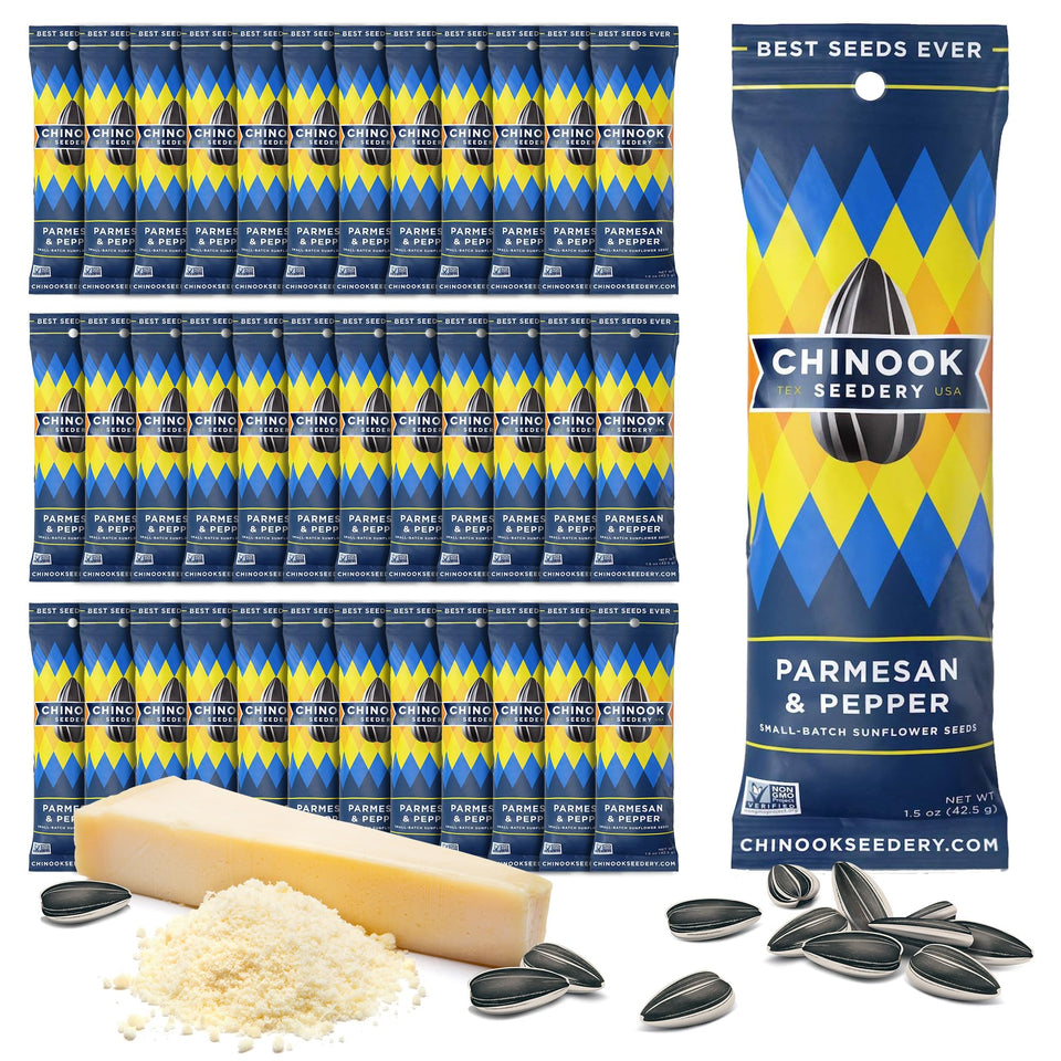 Chinook Seedery Parmesan & Pepper seeds in a bag, bold flavor ready to snack