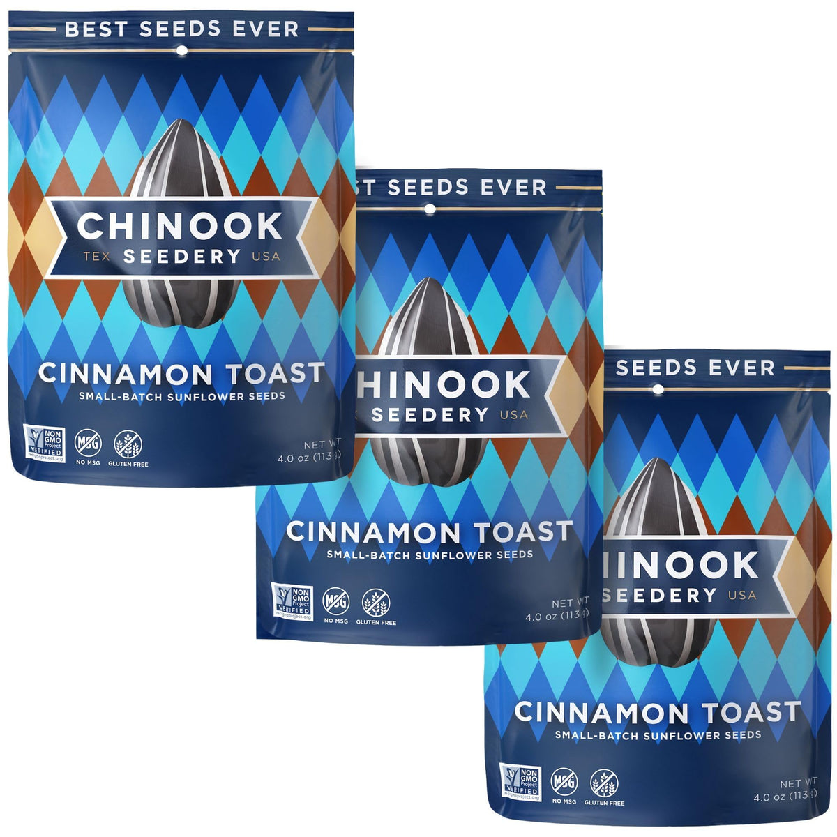 Chinook Seedery Cinnamon Toast pack-front highlighting gluten-free, keto-friendly snack
