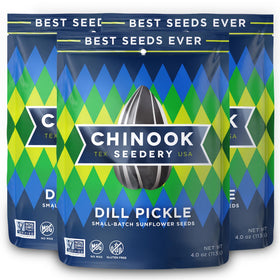 Chinook Seedery dill pickle roasted sunflower seeds bag for on-the-go gluten-free snacking.