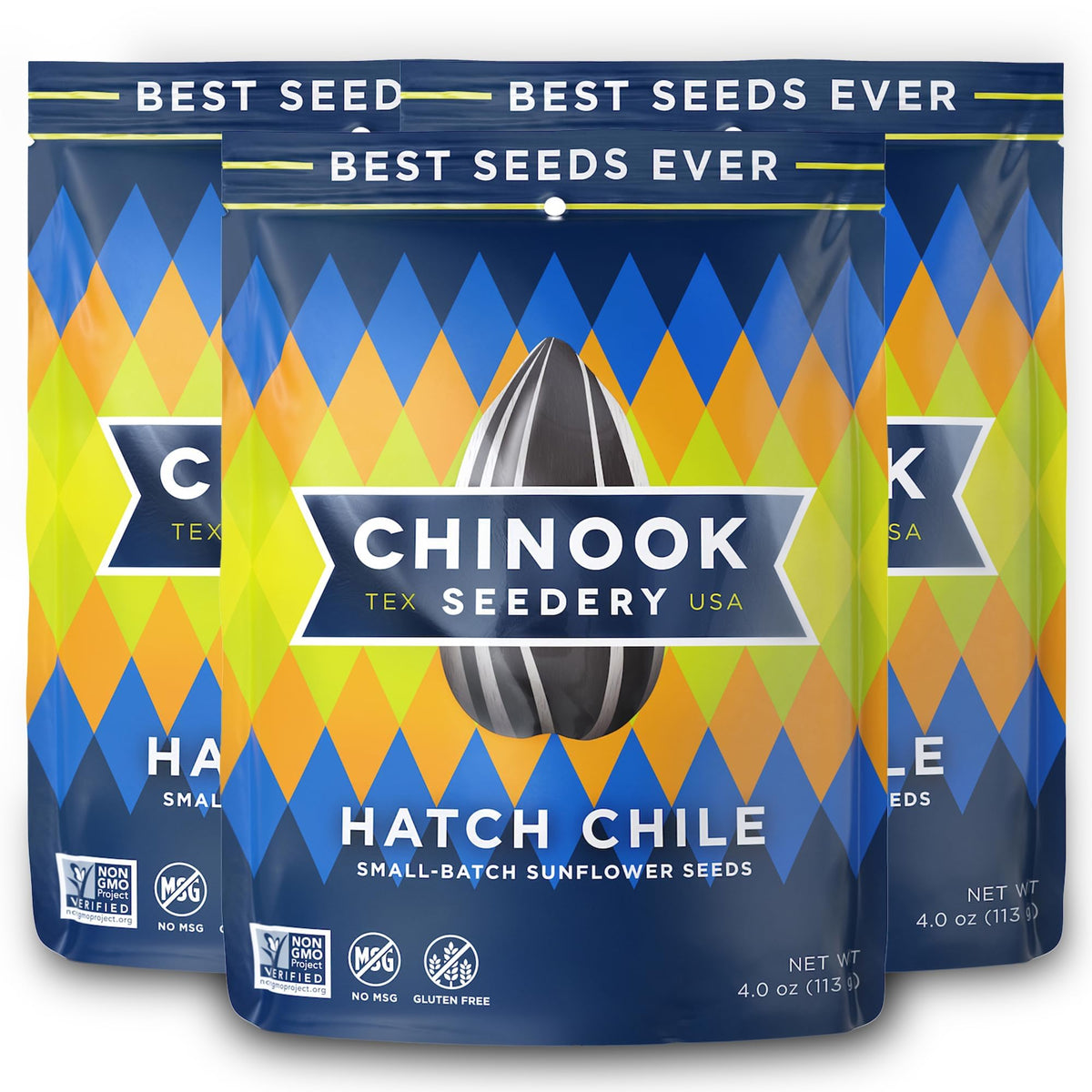 Chinook Seedery Hatch Green Chile pack delivers bold, spicy flavor for on-the-go snacking.