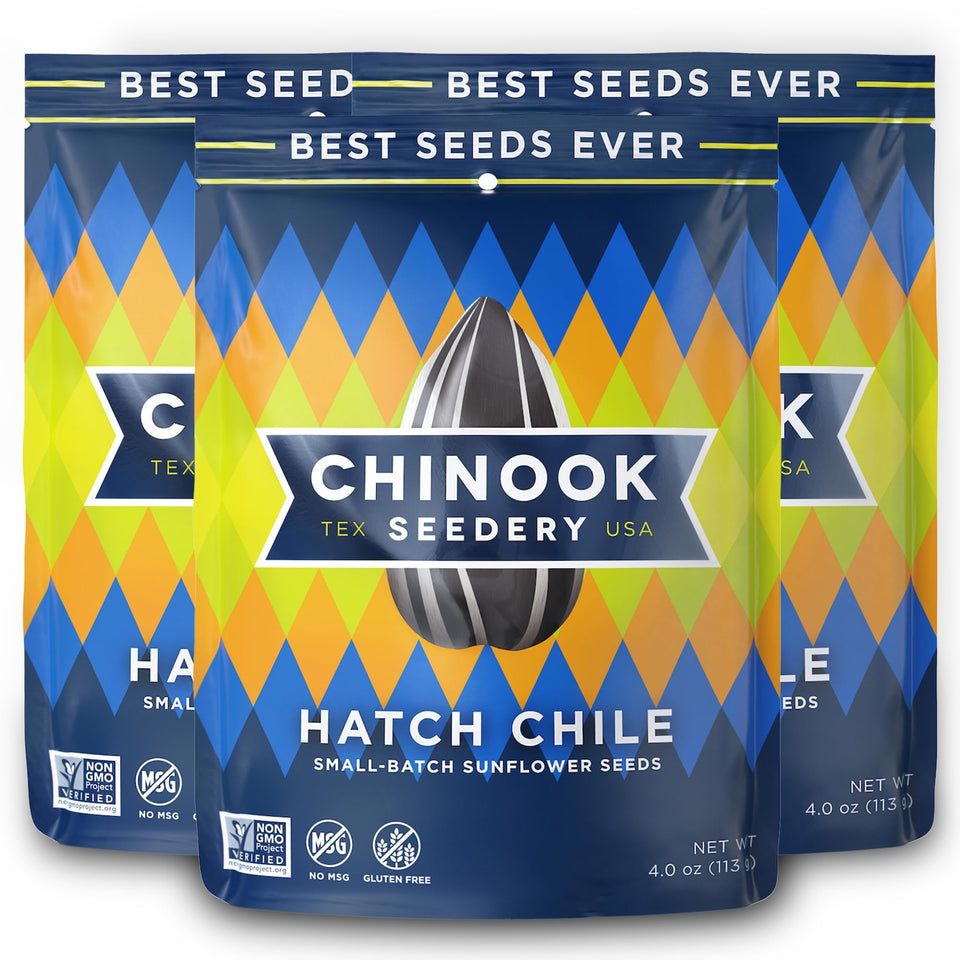 Chinook Seedery Hatch Green Chile pack delivers bold, spicy flavor for on-the-go snacking.