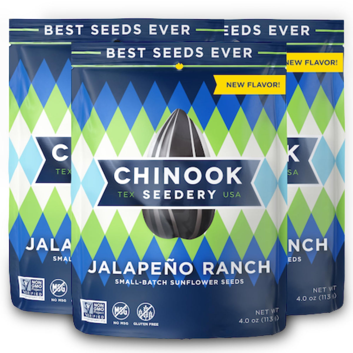 Chinook Seedery Jalapeno Ranch roasted sunflower seeds front pack, savory keto-friendly snack