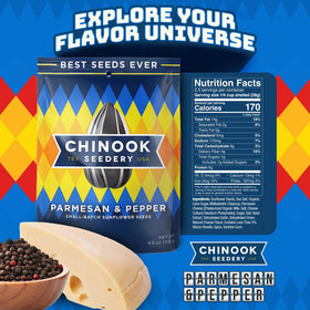Chinook Seedery Parmesan & Pepper bag close-up highlighting crunchy texture