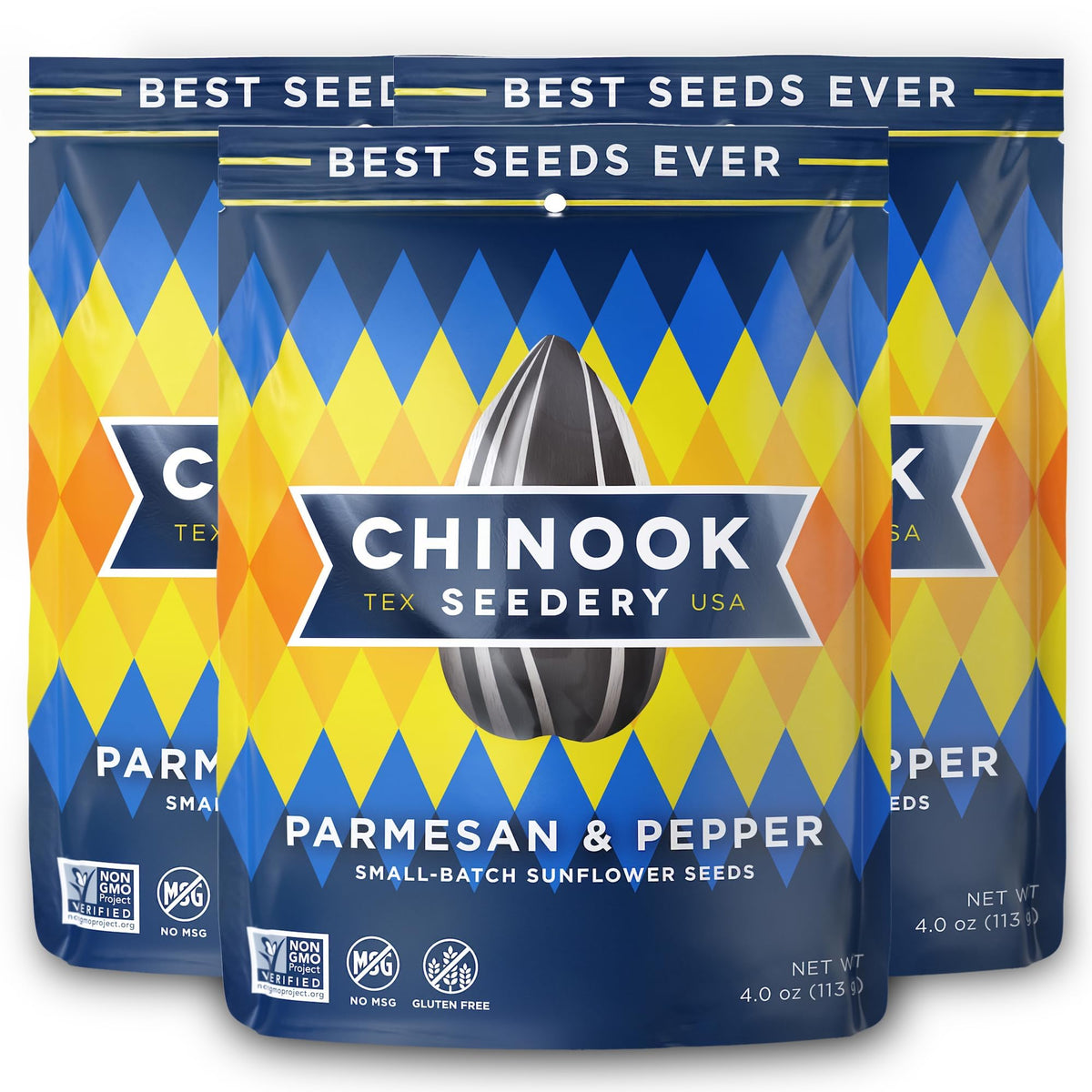 Chinook Seedery Parmesan & Pepper roasted sunflower seeds front view; savory, protein-rich snack